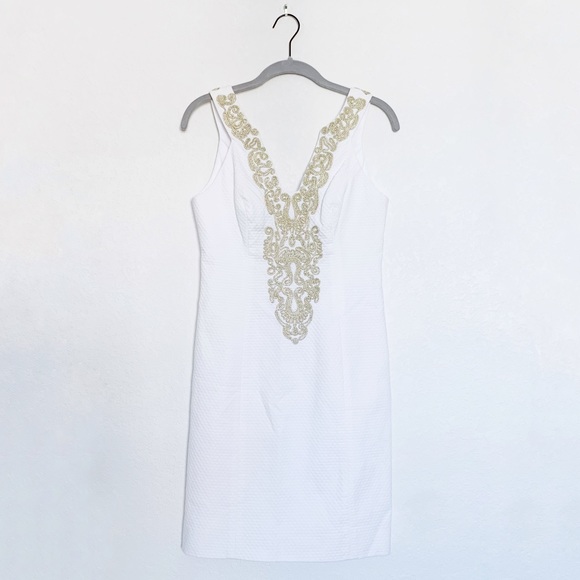 Lilly Pulitzer Shift Dress Suzette Style Sheath Resort White and Gold Size 00 - Picture 2 of 6